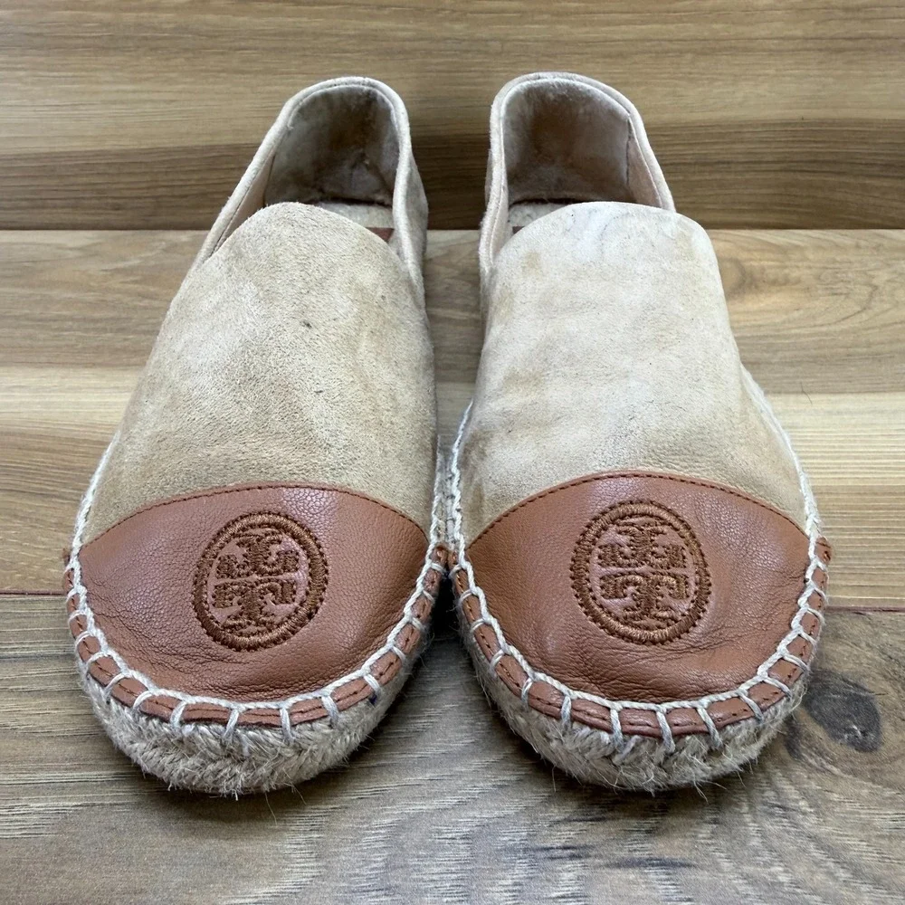 Tory Burch Espadrilles Flats 7 Tan Suede Cap Toe Slip On Vacation Resort Summer